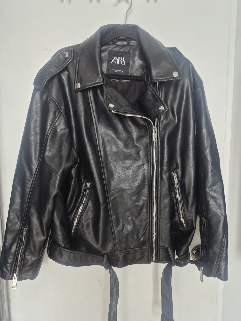 Zara Oversized Black Faux Leather Biker Jacket with Zip Details